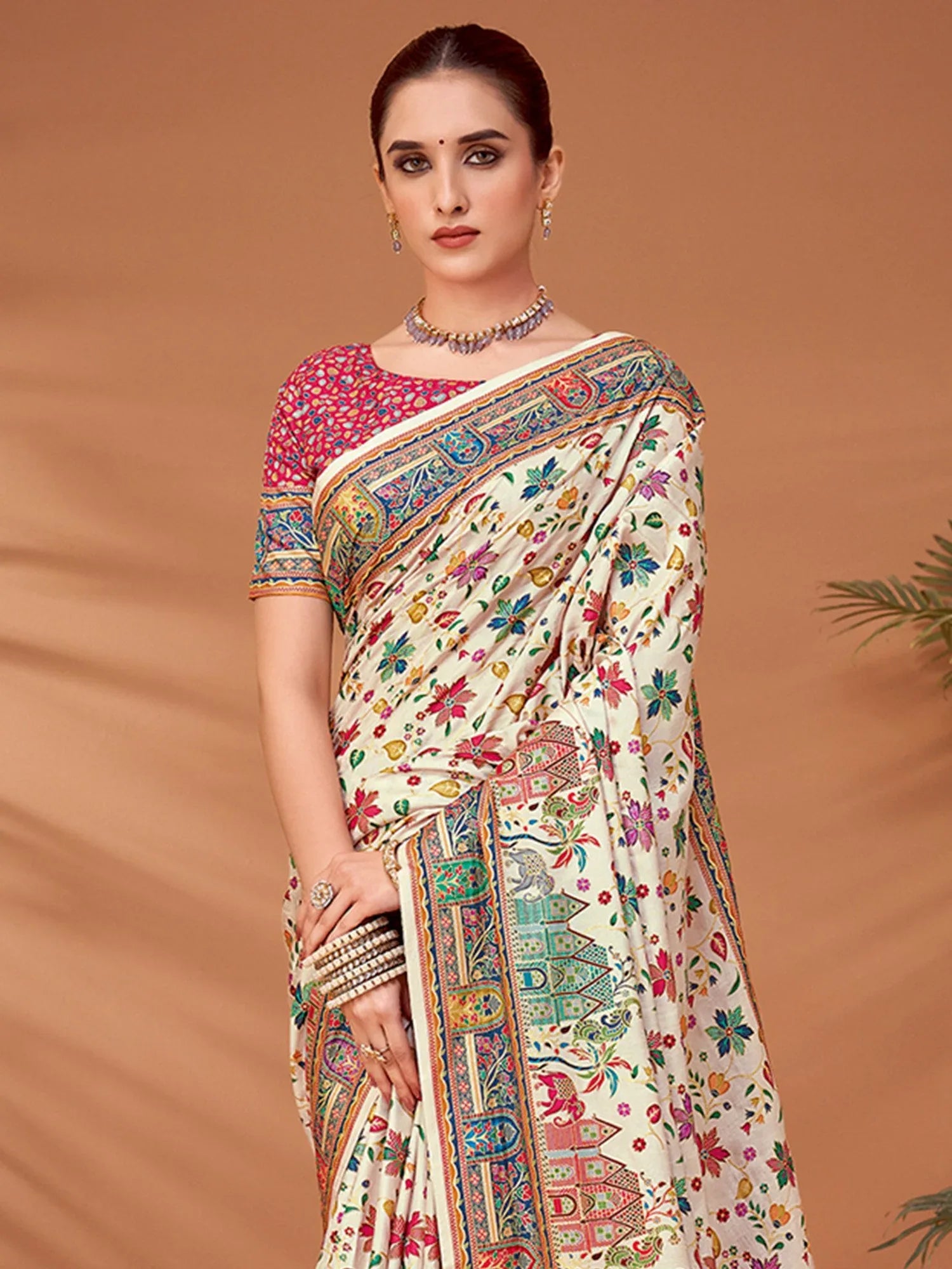 Cream Banarasi Viscose Silk Printed Saree