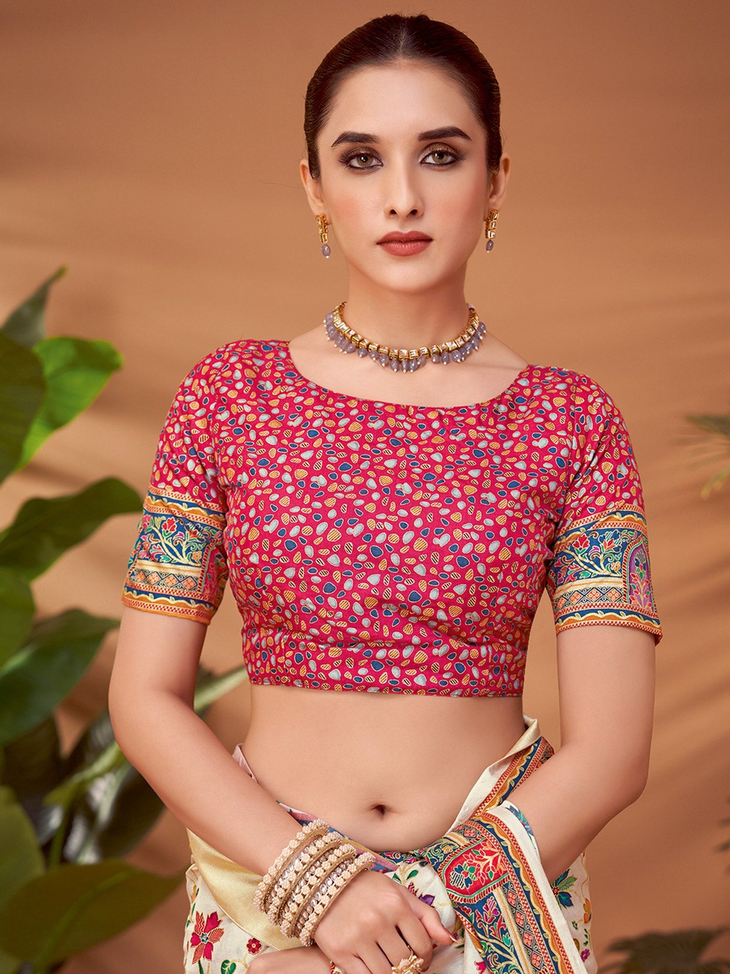Cream Banarasi Viscose Silk Printed Saree