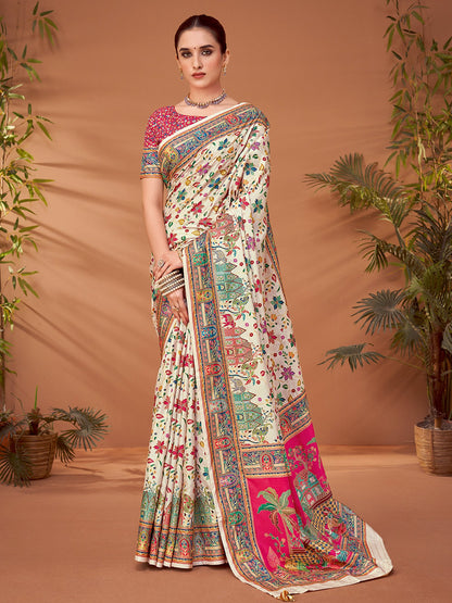 Cream Cream Banarasi Viscose Silk Printed Saree