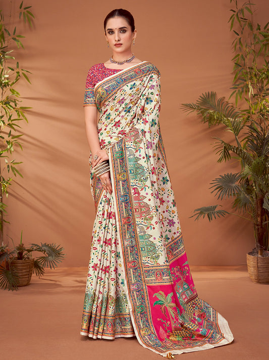 Cream Cream Banarasi Viscose Silk Printed Saree