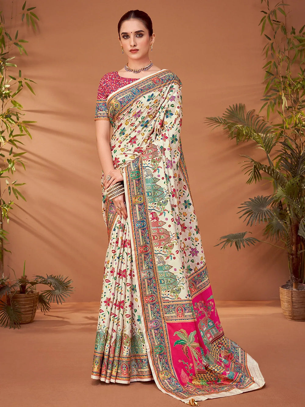 Cream Cream Banarasi Viscose Silk Printed Saree