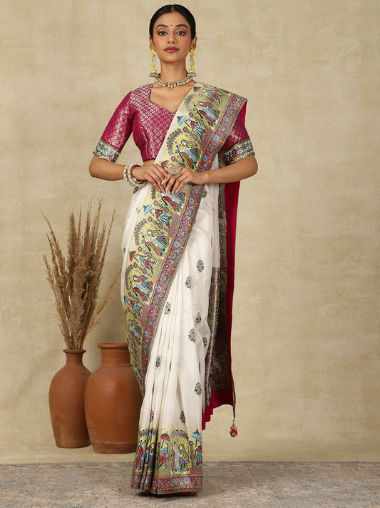 White Off Patola Viscose Silk Woven Saree