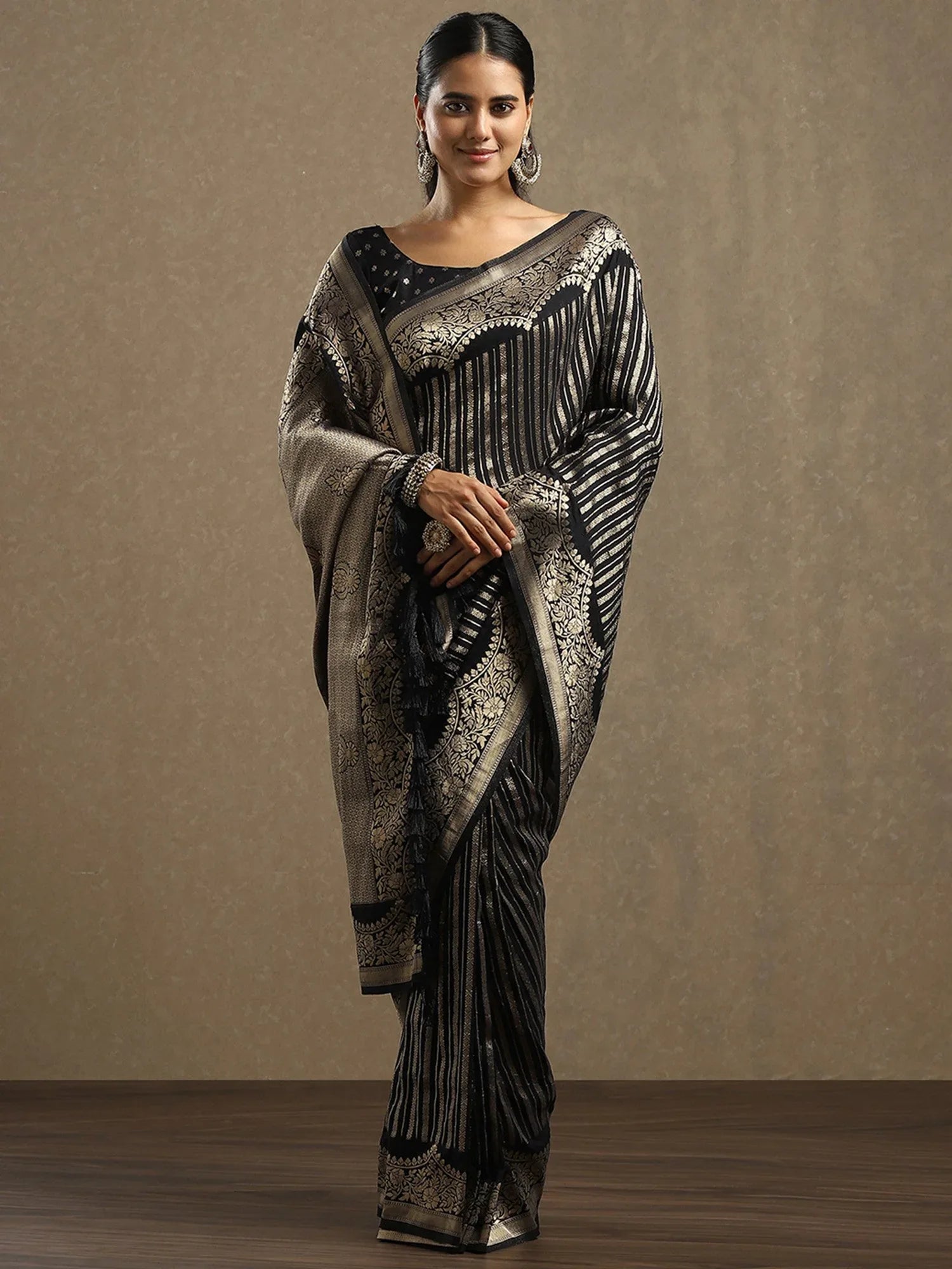 Black Leheriya Georgette Woven Saree