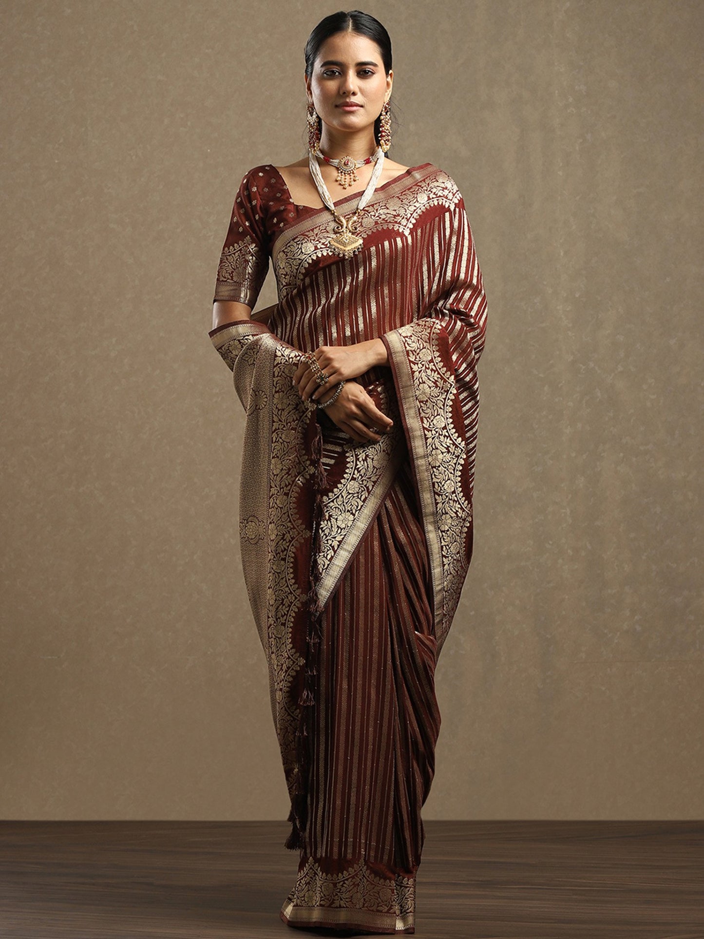 Brown Leheriya Georgette Woven Saree