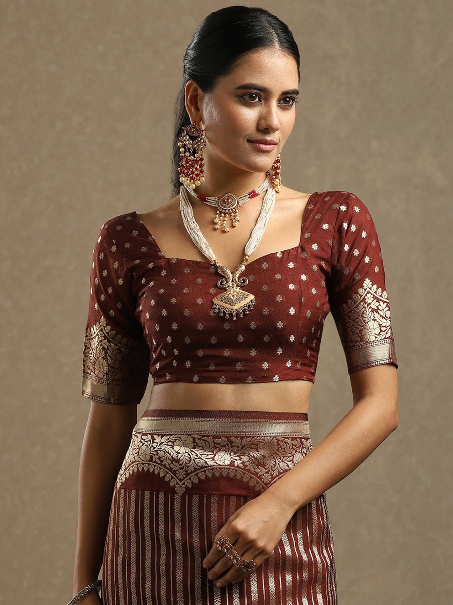 Brown Leheriya Georgette Woven Saree