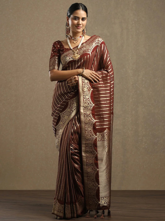 Brown Brown Leheriya Georgette Woven Saree