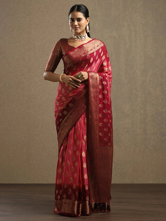 Pink  Maroon Kanjeevaram Georgette Woven Saree