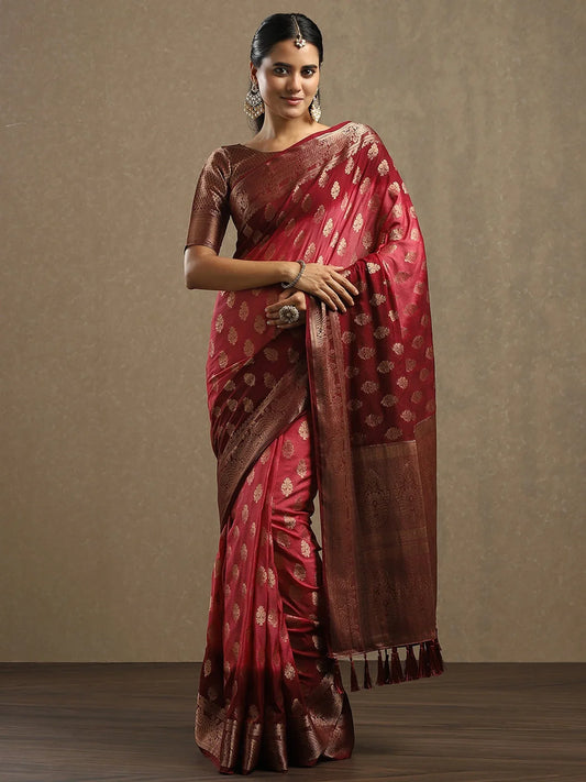 Pink Peach Kanjeevaram Georgette Woven Saree