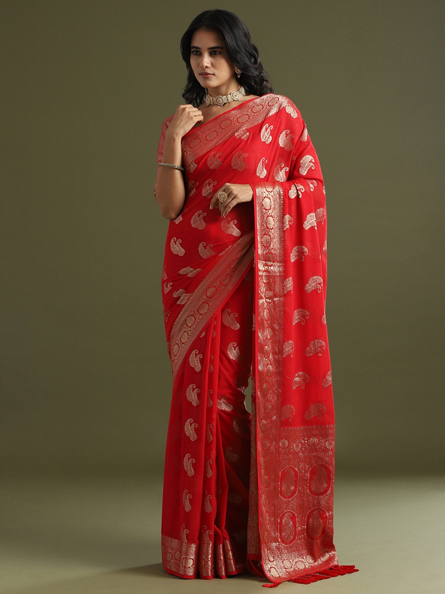 Red Bagh Georgette Woven Saree