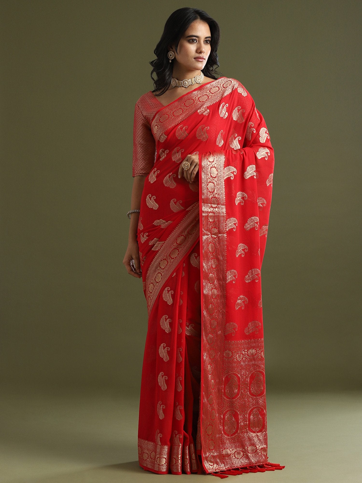 Red Red Bagh Georgette Woven Saree