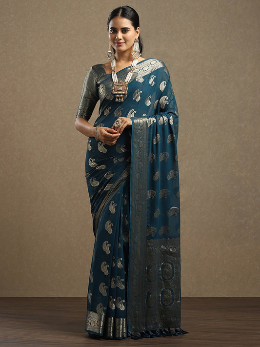 Blue Teal Bagh Georgette Woven Saree