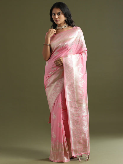 Pink Banarasi Soft Silk Woven Saree