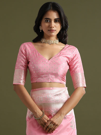 Pink Banarasi Soft Silk Woven Saree