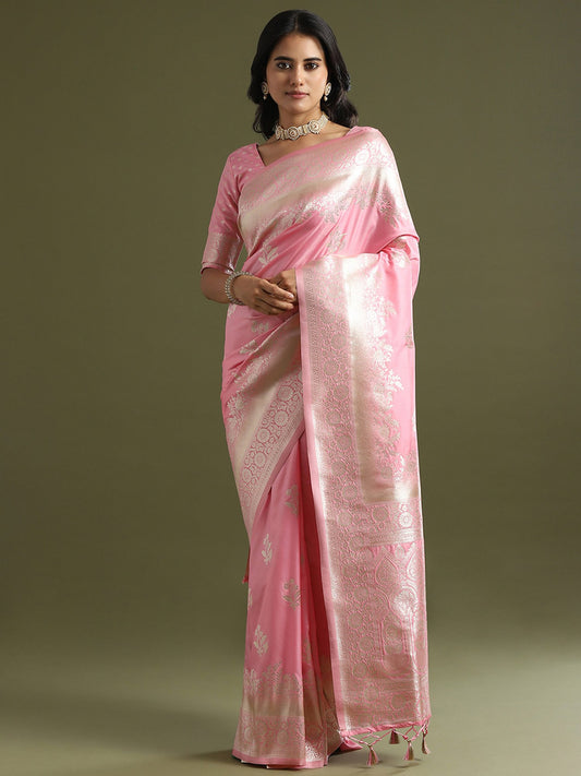 Pink Pink Banarasi Soft Silk Woven Saree