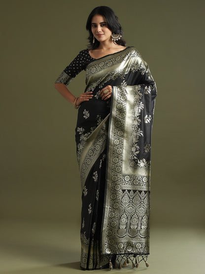 Black Banarasi Soft Silk Woven Saree