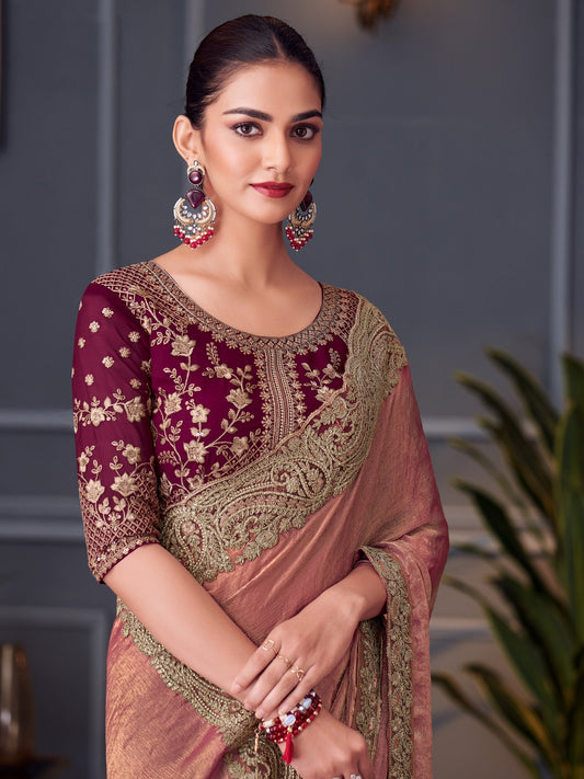 Pink Mauve Party Wear Pure Chiffon Embellished Saree