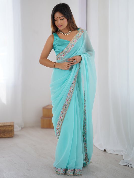 Blue Light Party Wear Georgette Embellished Saree