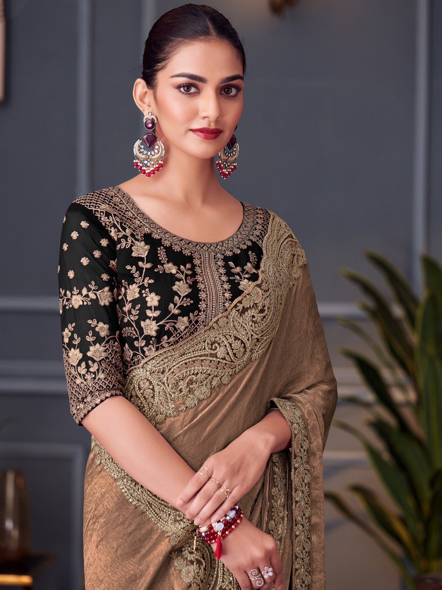 Rust Party Wear Pure Chiffon Embellished Saree