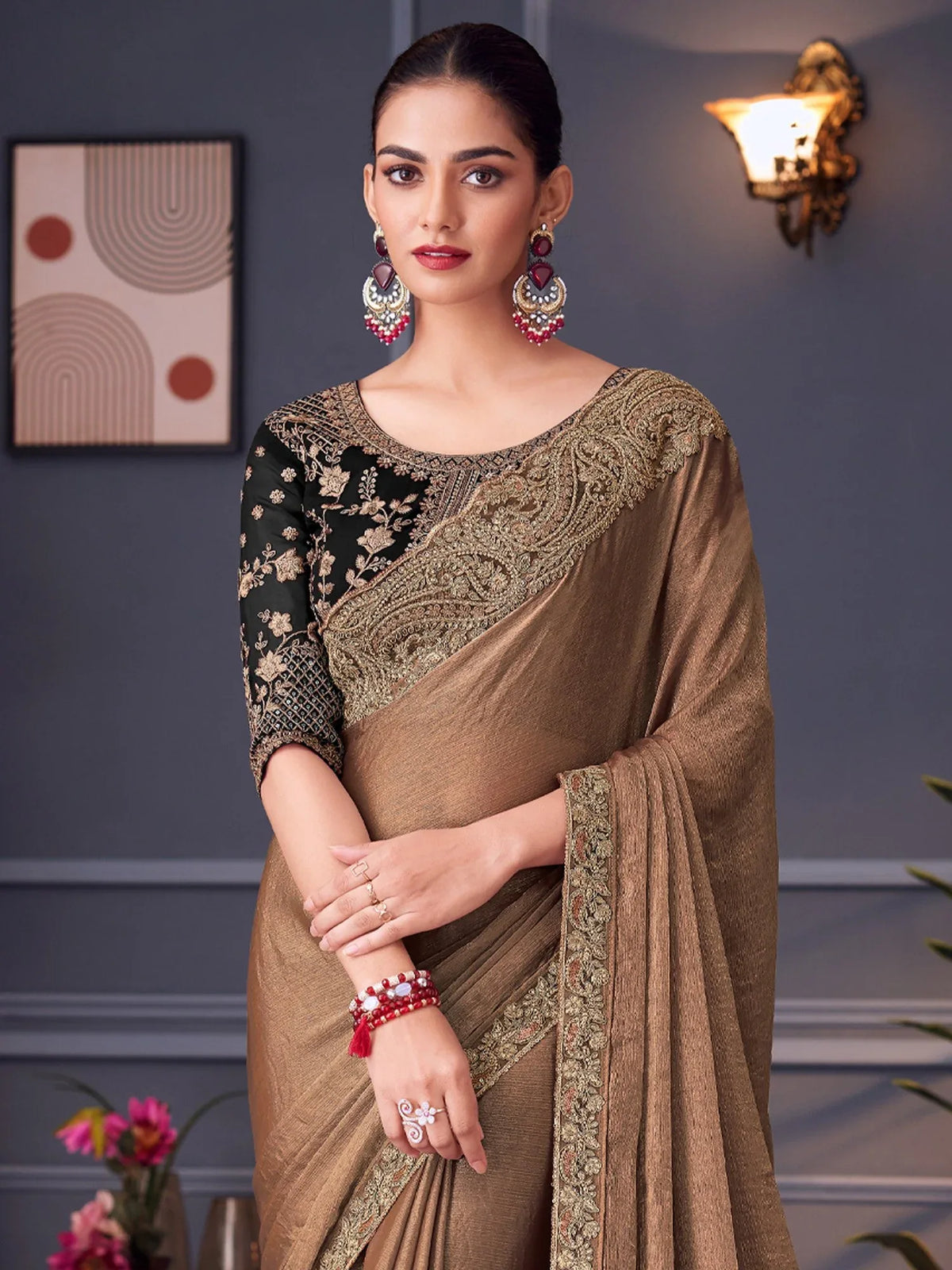 Brown Rust Party Wear Pure Chiffon Embellished Saree