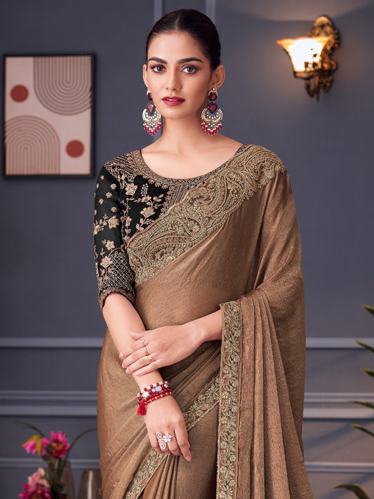 Brown Rust Party Wear Pure Chiffon Embellished Saree