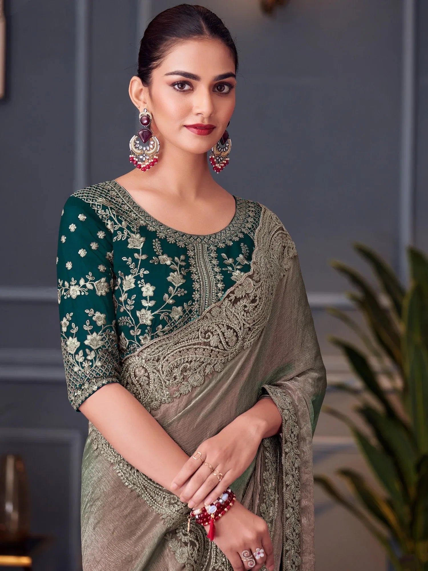 Green Party Wear Pure Chiffon Embellished Saree - The Dori Store