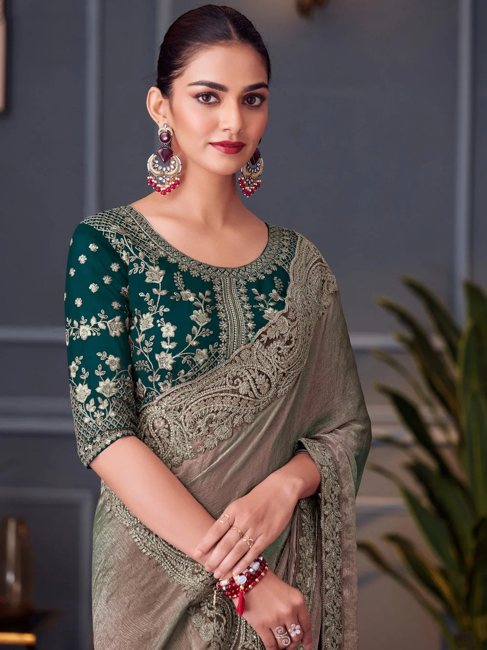 Green Party Wear Pure Chiffon Embellished Saree - The Dori Store