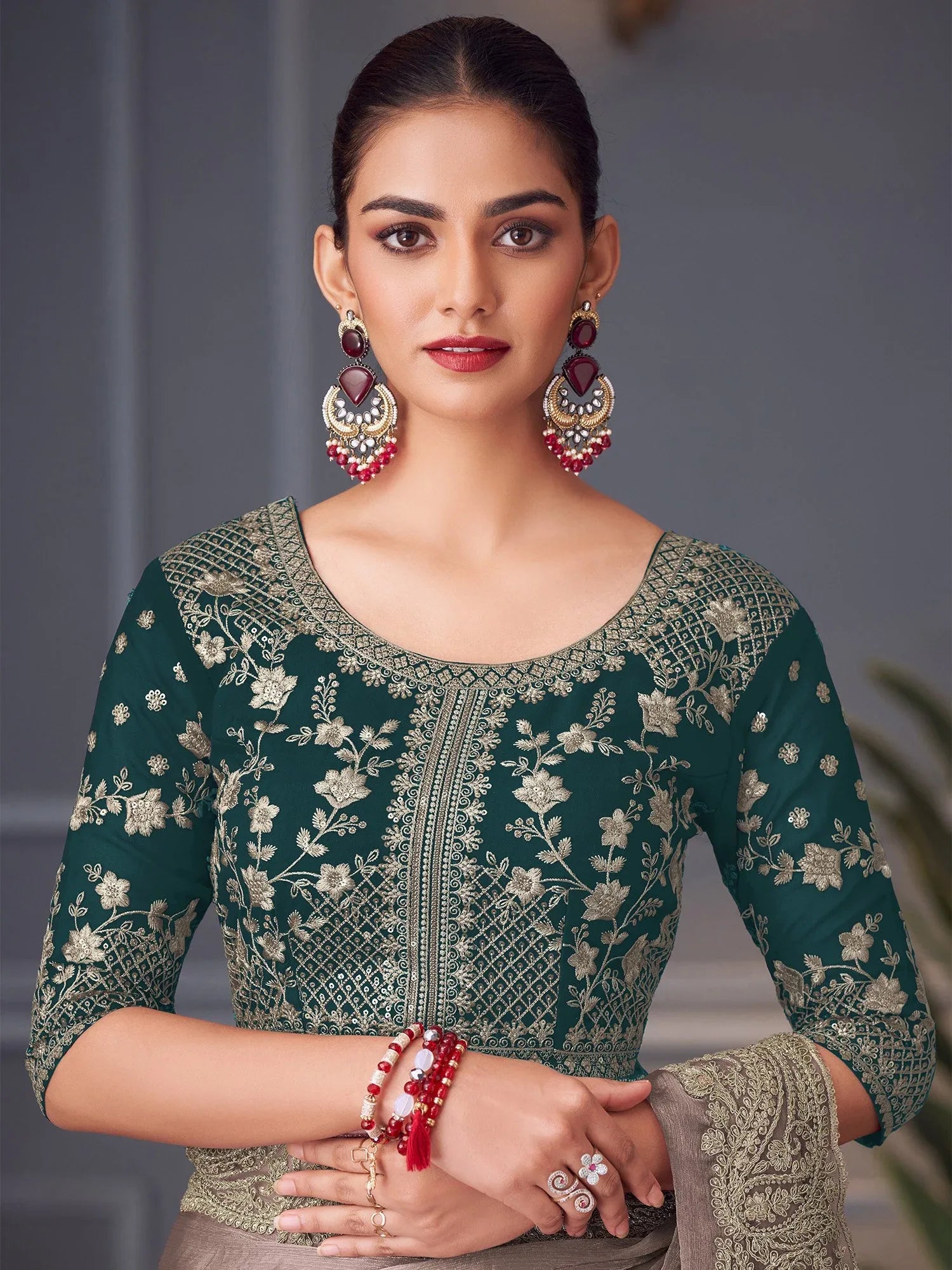 Green Party Wear Pure Chiffon Embellished Saree - The Dori Store