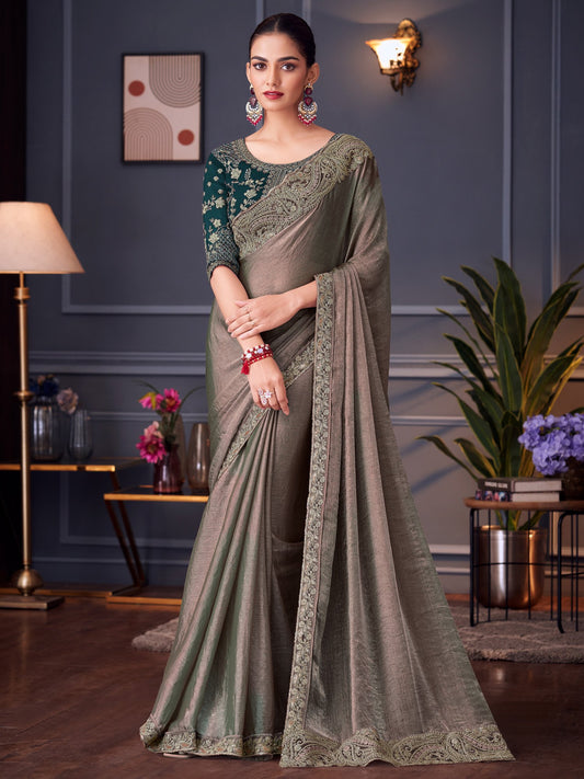 Green Green Party Wear Pure Chiffon Embellished Saree