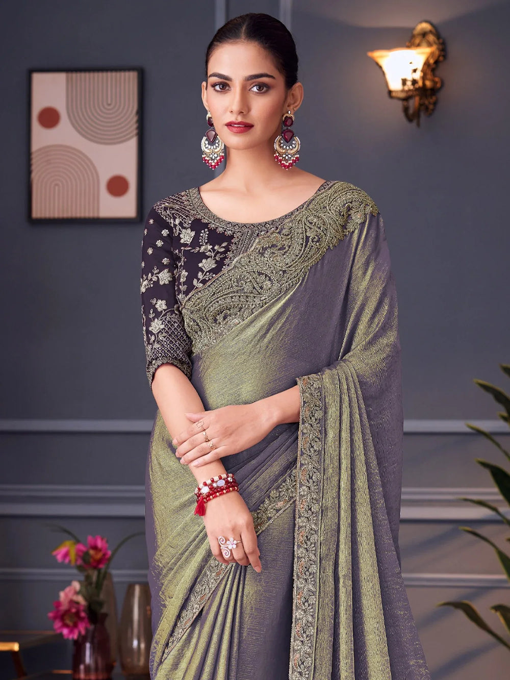 Lavendar Party Wear Pure Chiffon Embellished Saree - The Dori Store