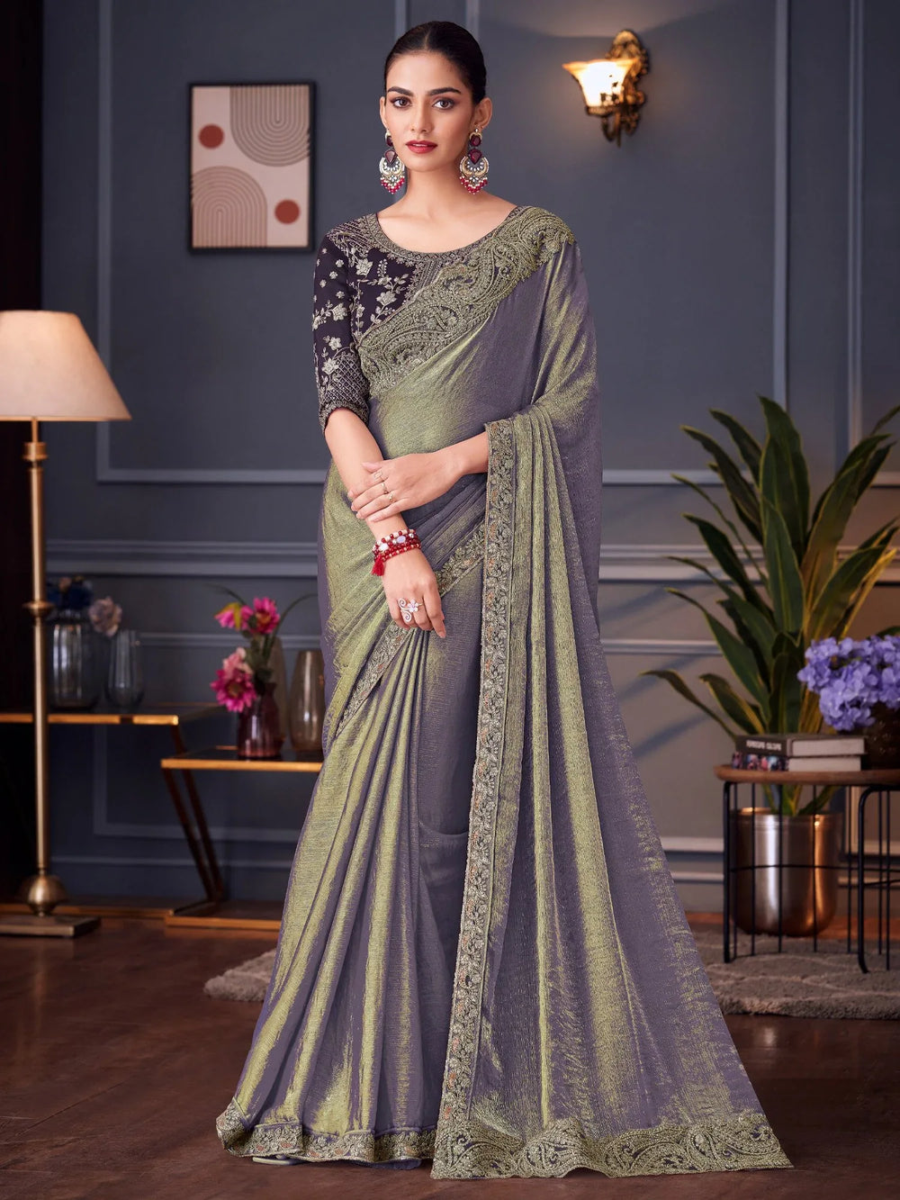 Lavendar Party Wear Pure Chiffon Embellished Saree - The Dori Store