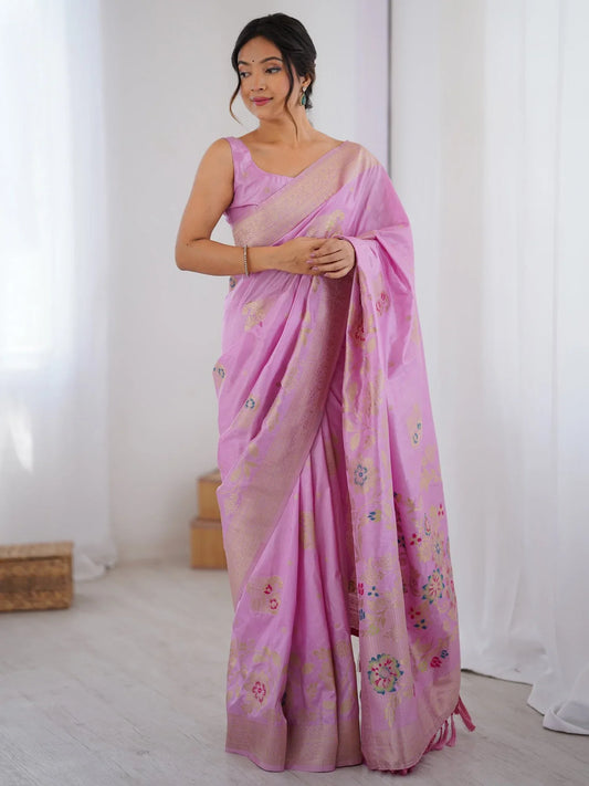 Pink Pink Kanjeevaram Dola Silk Woven Saree