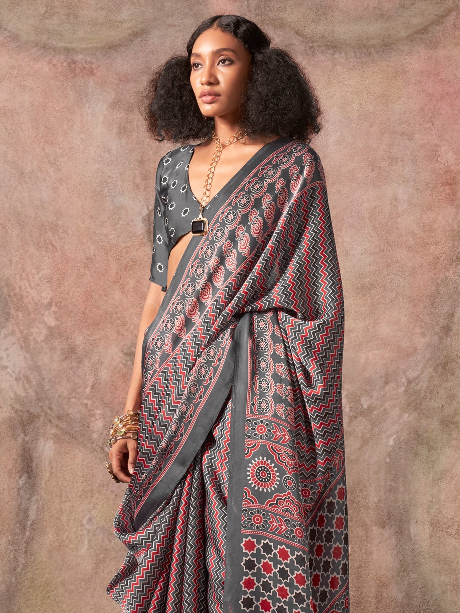 Grey Block Print Satin Printed Saree