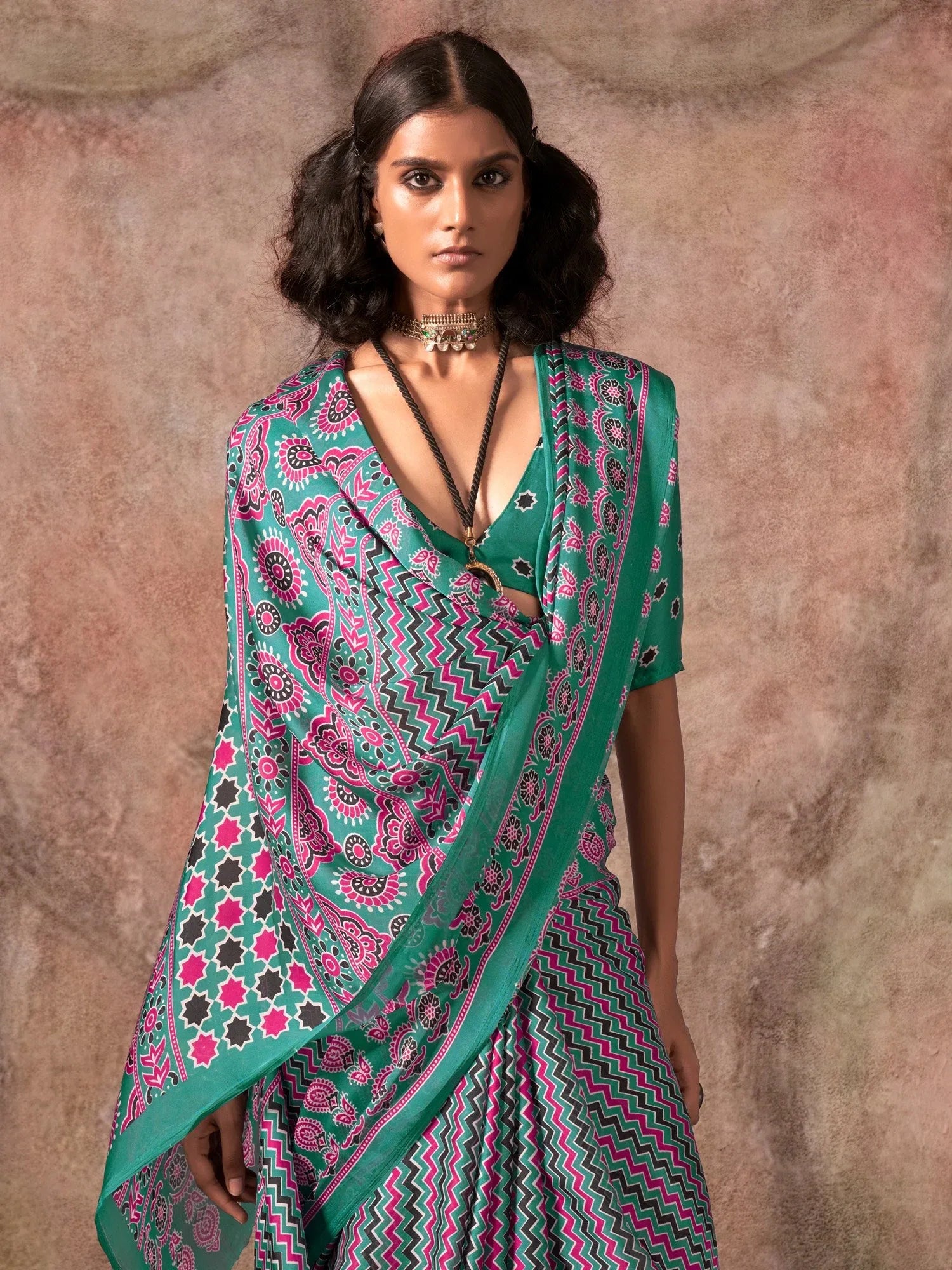 Teal Blue Block Print Satin Printed Saree