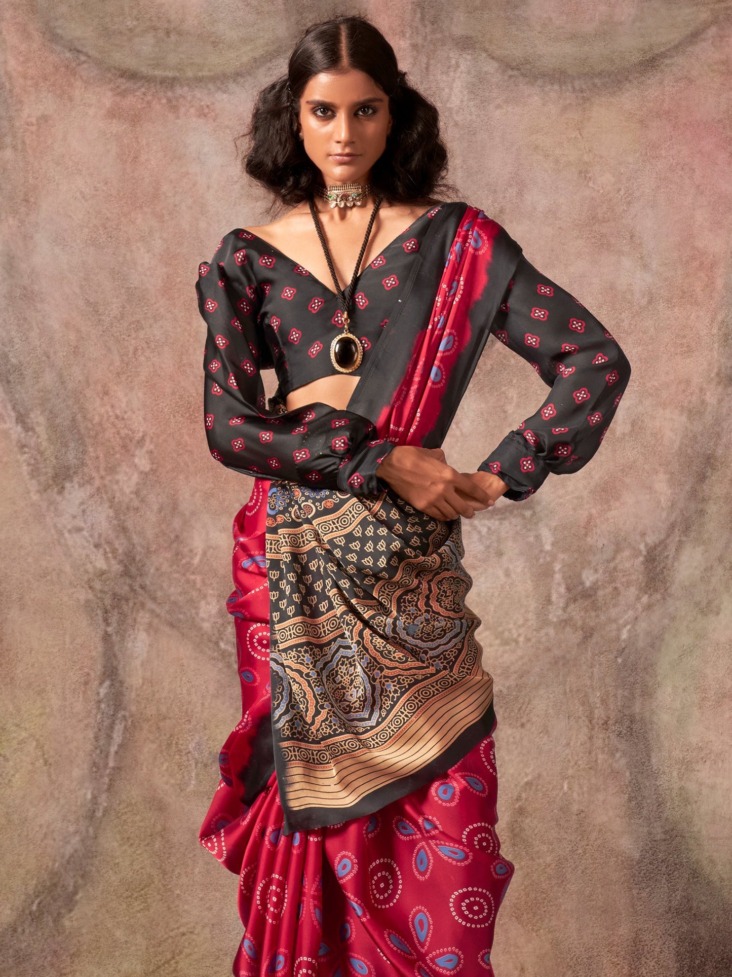 Maroon Block Print Satin Printed Saree