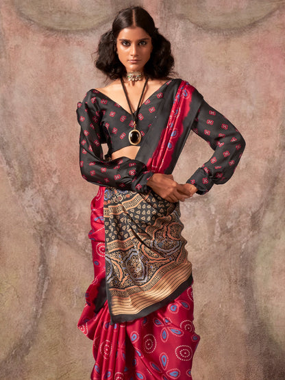 Maroon Block Print Satin Printed Saree
