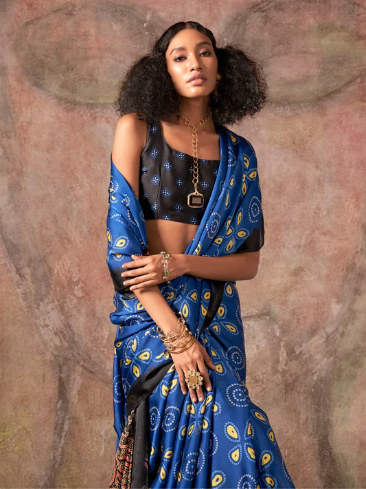 Blue Blue Block Print Satin Printed Saree