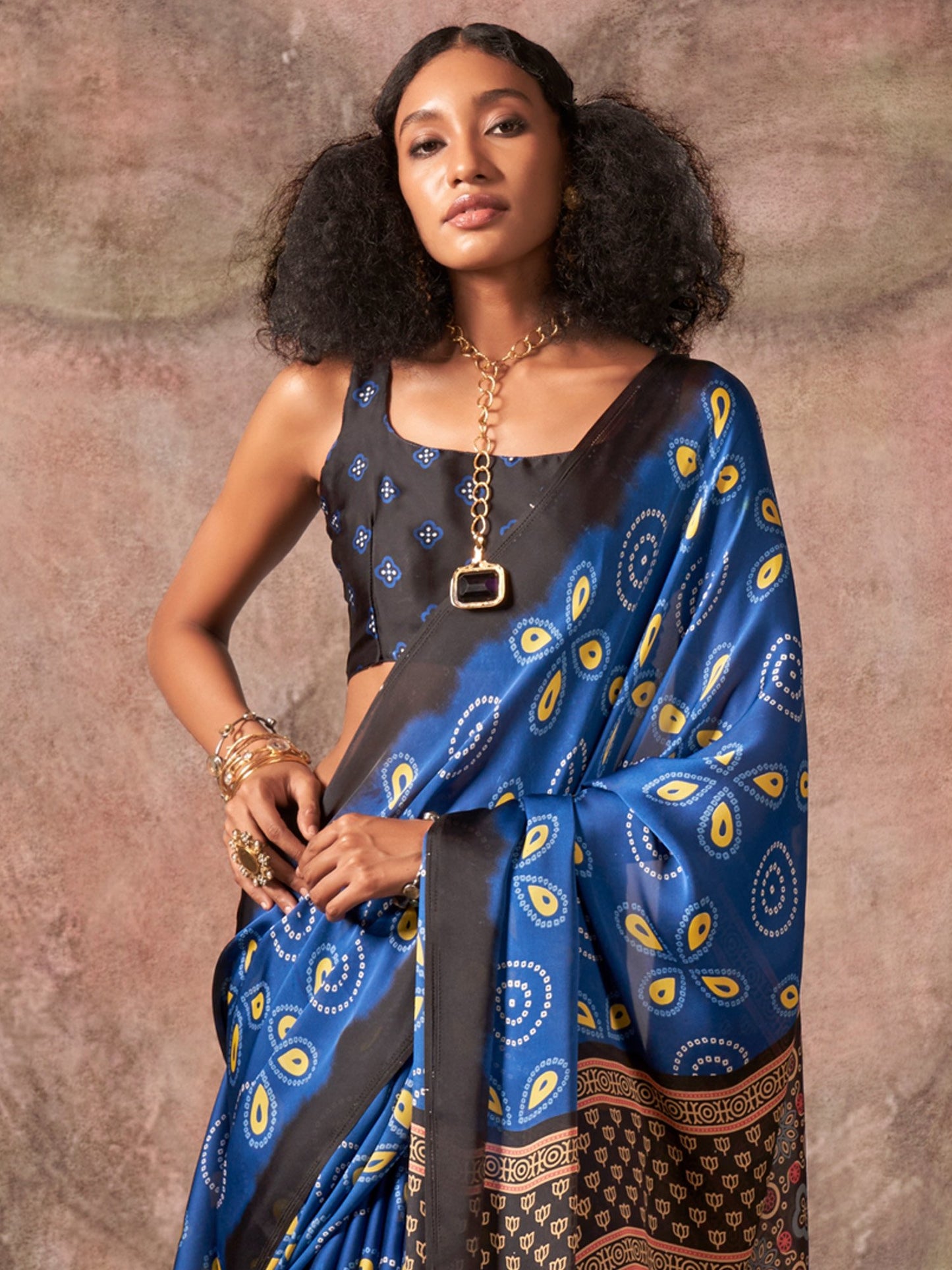 Blue Block Print Satin Printed Saree