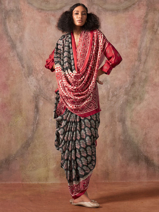 Black Black Block Print Satin Printed Saree