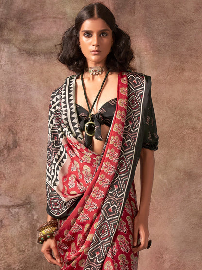 Maroon Block Print Satin Printed Saree
