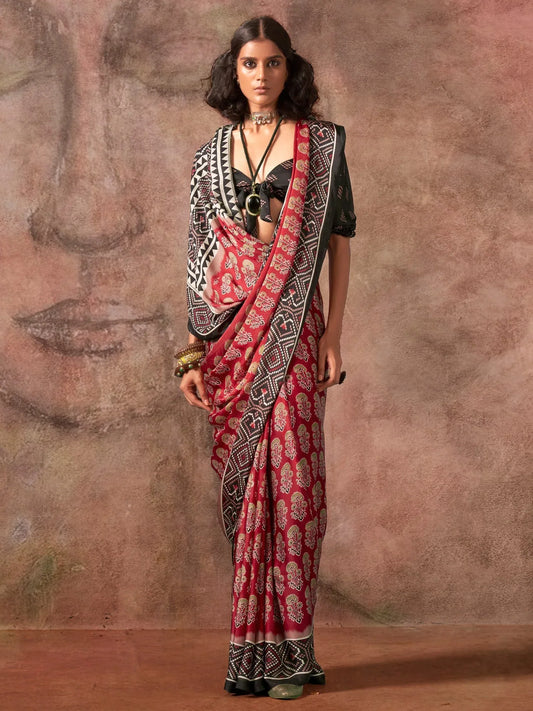 Maroon Maroon Block Print Satin Printed Saree