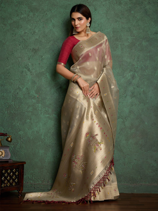 Grey Beige Paithani Tissue Woven Saree