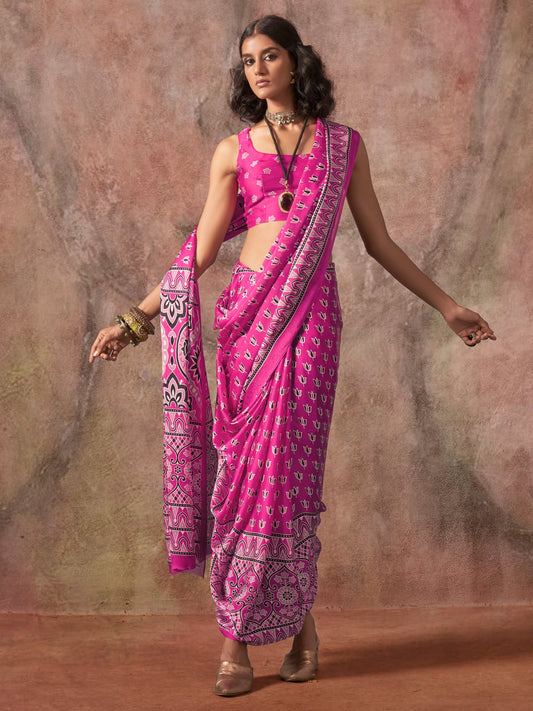 Pink Pink Block Print Satin Printed Saree