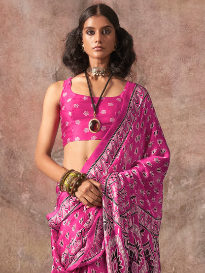 Pink Block Print Satin Printed Saree