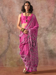 Pink Block Print Satin Printed Saree - The Dori Store