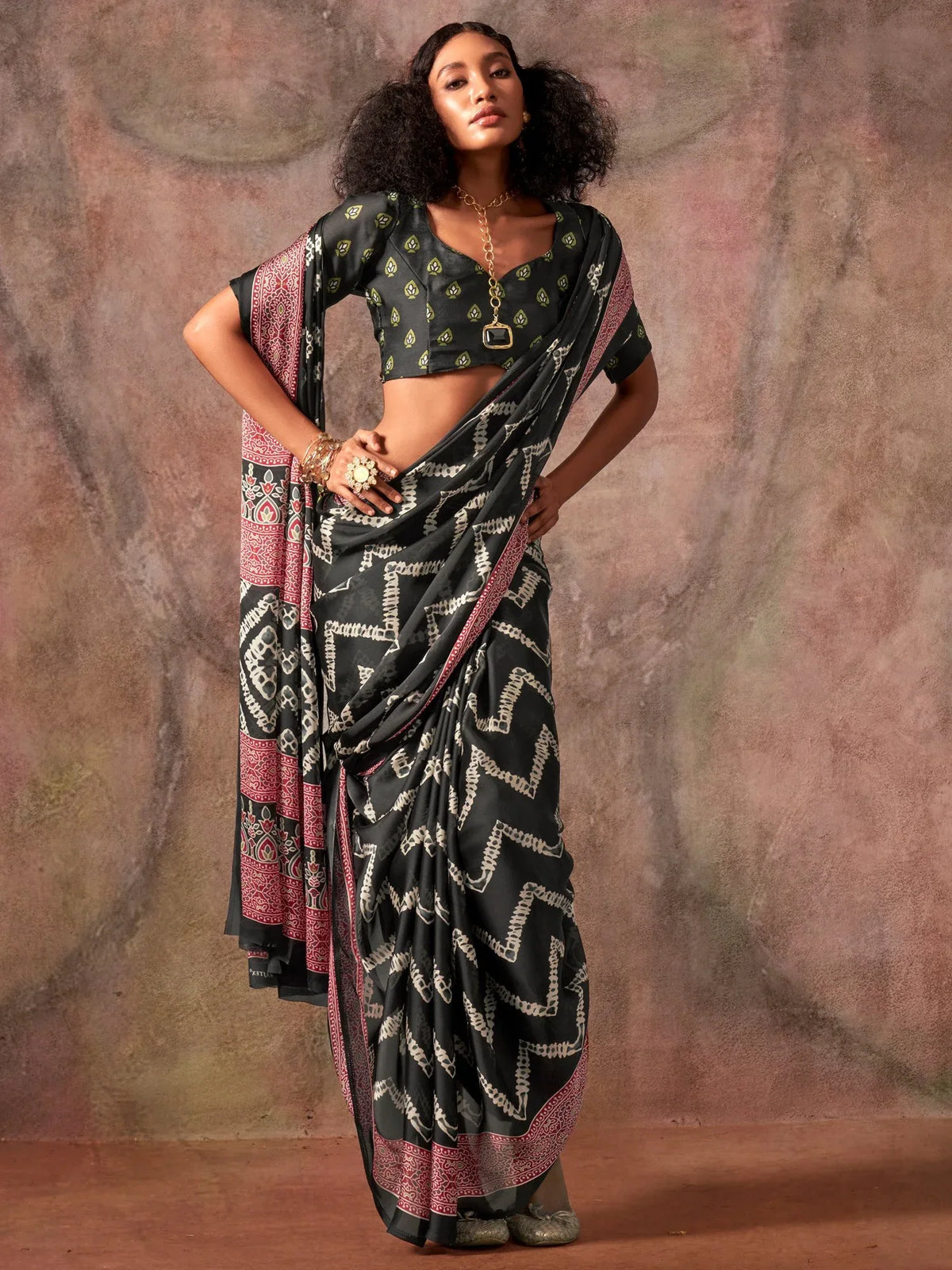 Black Black Block Print Satin Printed Saree
