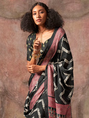 Black Block Print Satin Printed Saree