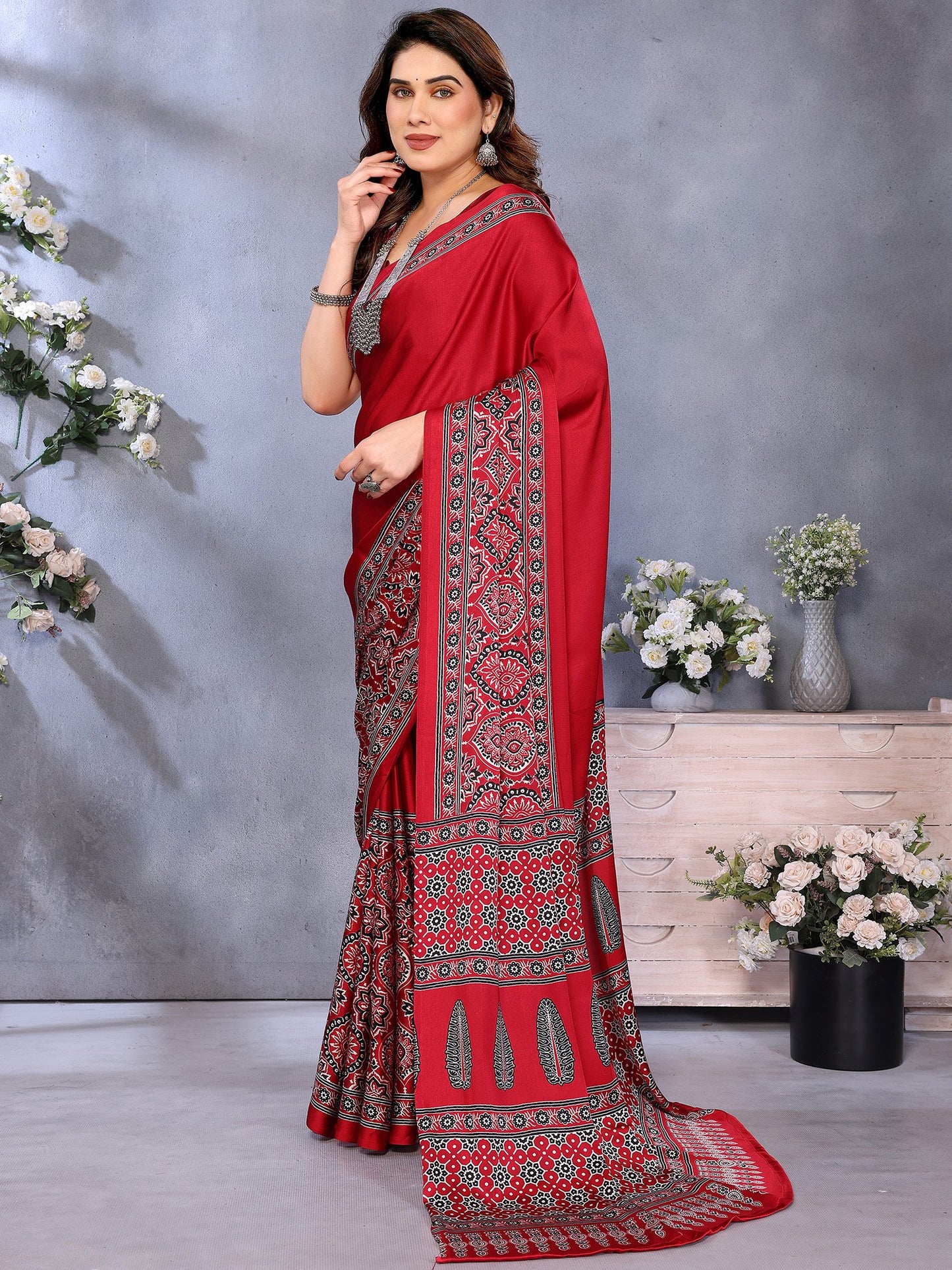 Red Block Print Crepe Printed Saree