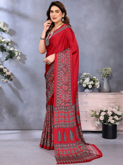 Red Block Print Crepe Printed Saree