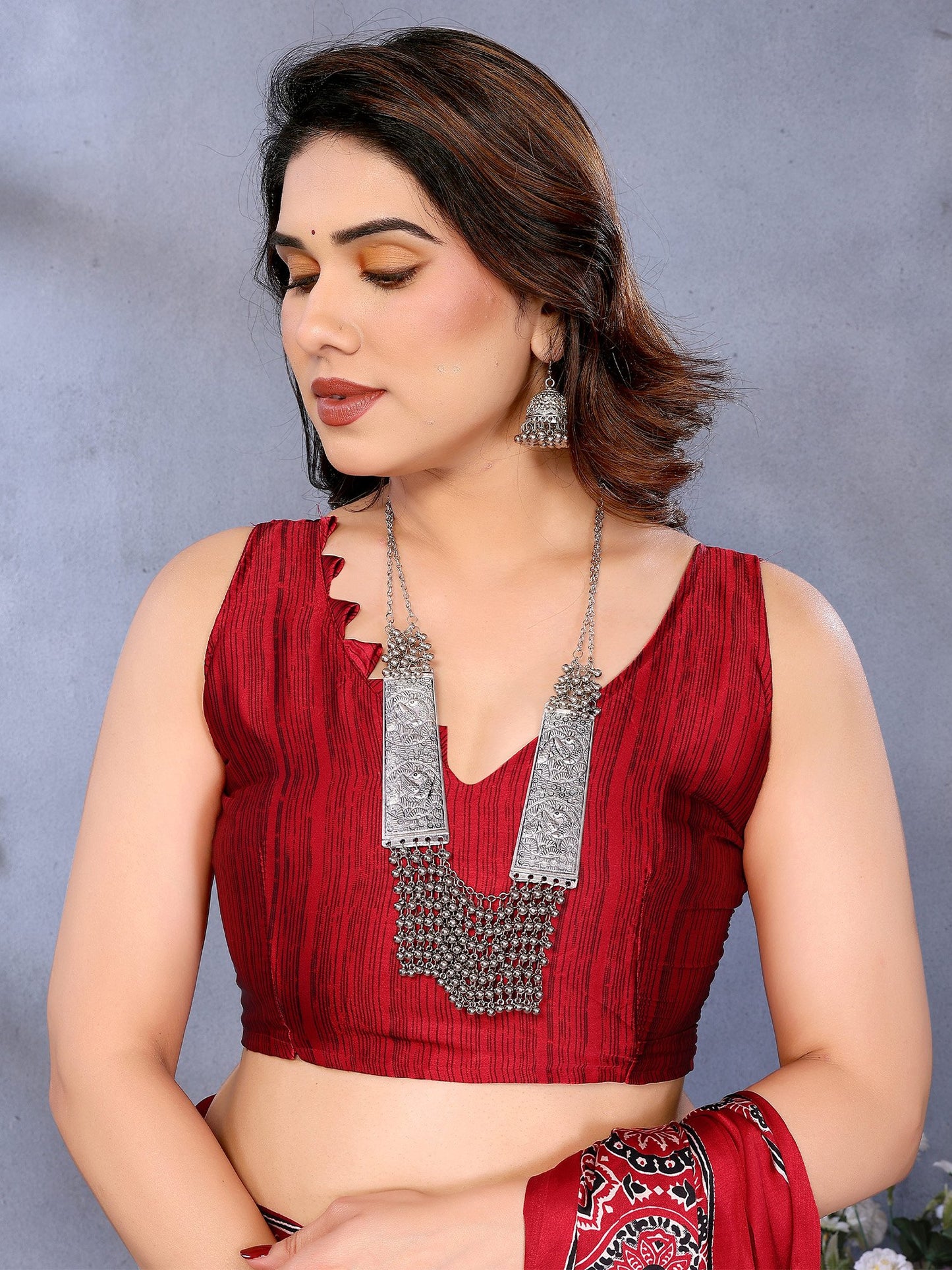 Red Block Print Crepe Printed Saree