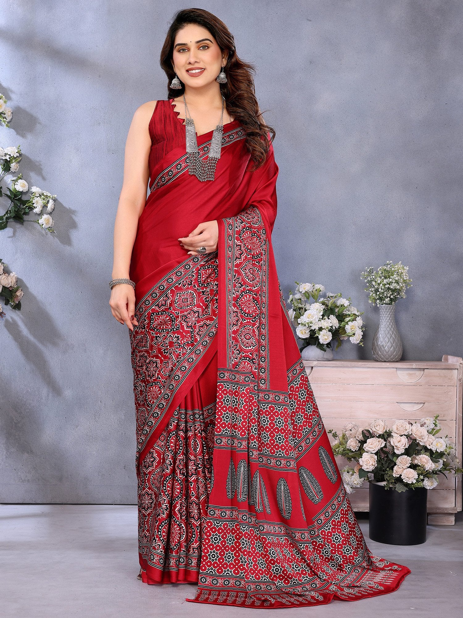 Red Red Block Print Crepe Printed Saree